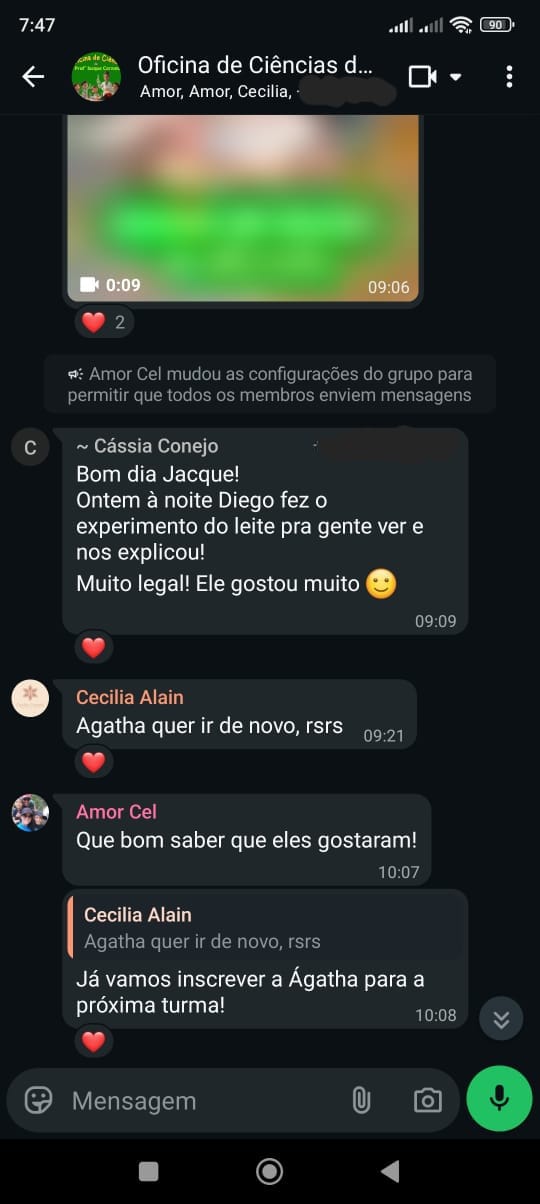 Mensagens de pais agradecendo a oficina científica 1