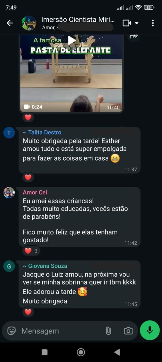Mensagens de pais agradecendo a oficina científica 2