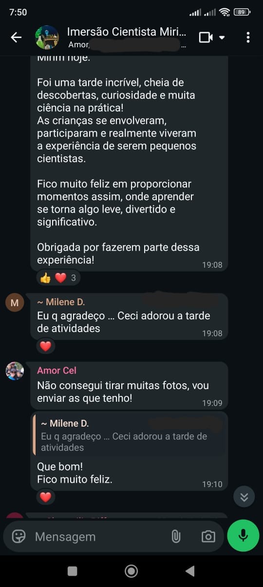 Mensagens de pais agradecendo a oficina científica 3
